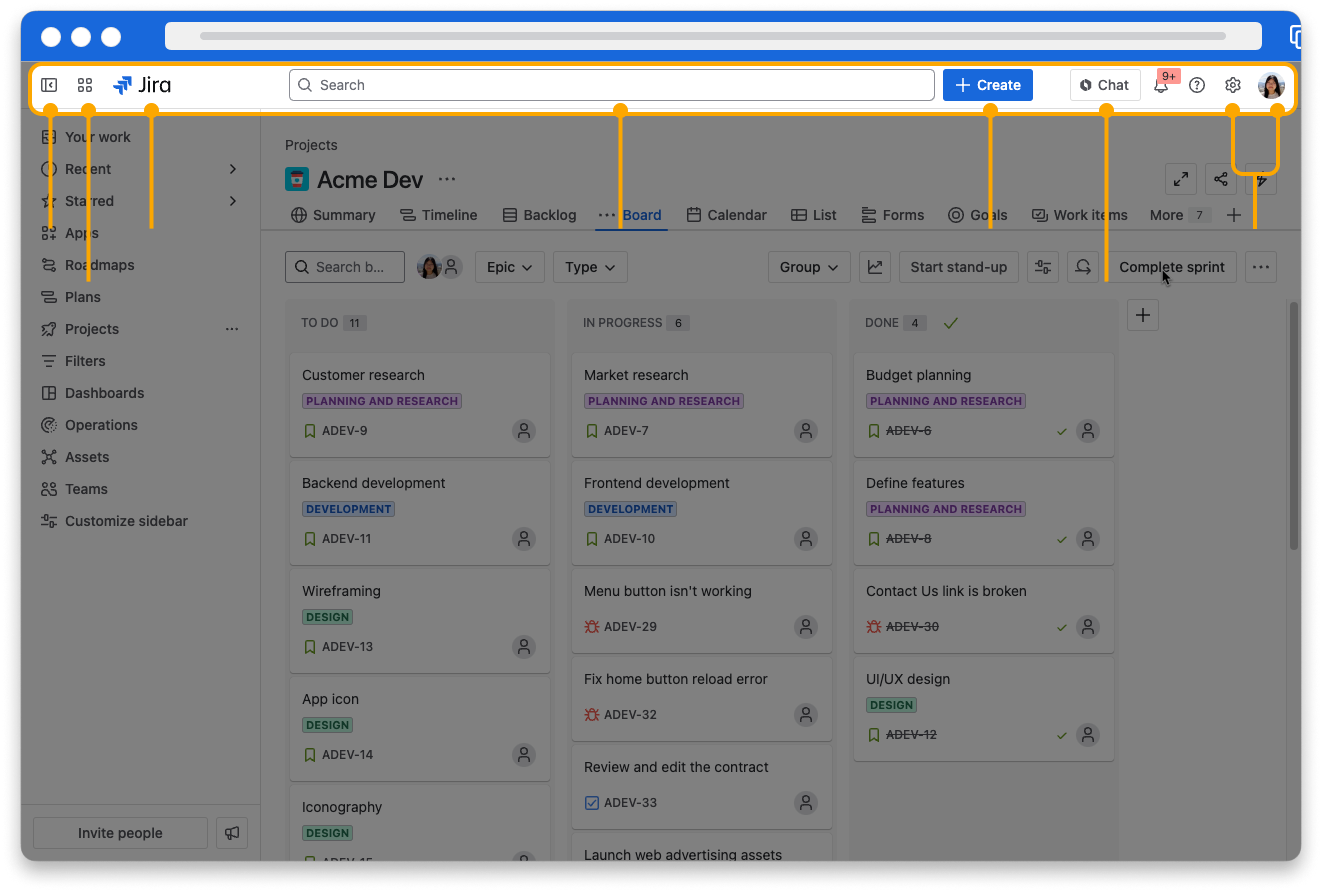 Screenshot of a Jira board. Indicators are pointing to each of the navigation elements in the top navigation panel.