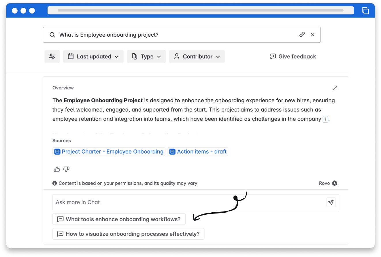 A Rovo search result includes suggested follow-up questions to help dive deeper on a topic.