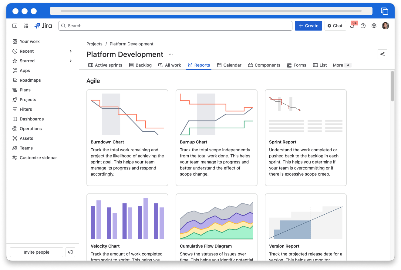 The Jira Reports page. The project sidebar shows that the Reports button has been selected. On the main screen to the right, you can see thumbnails of all the reports and their descriptions.