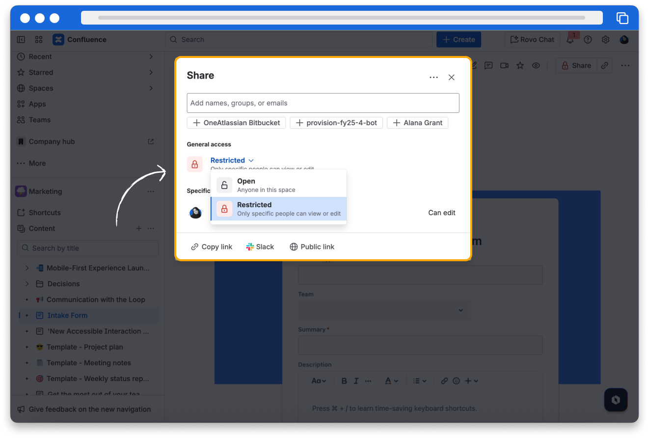 A screenshot of the page restrictions modal in Confluence