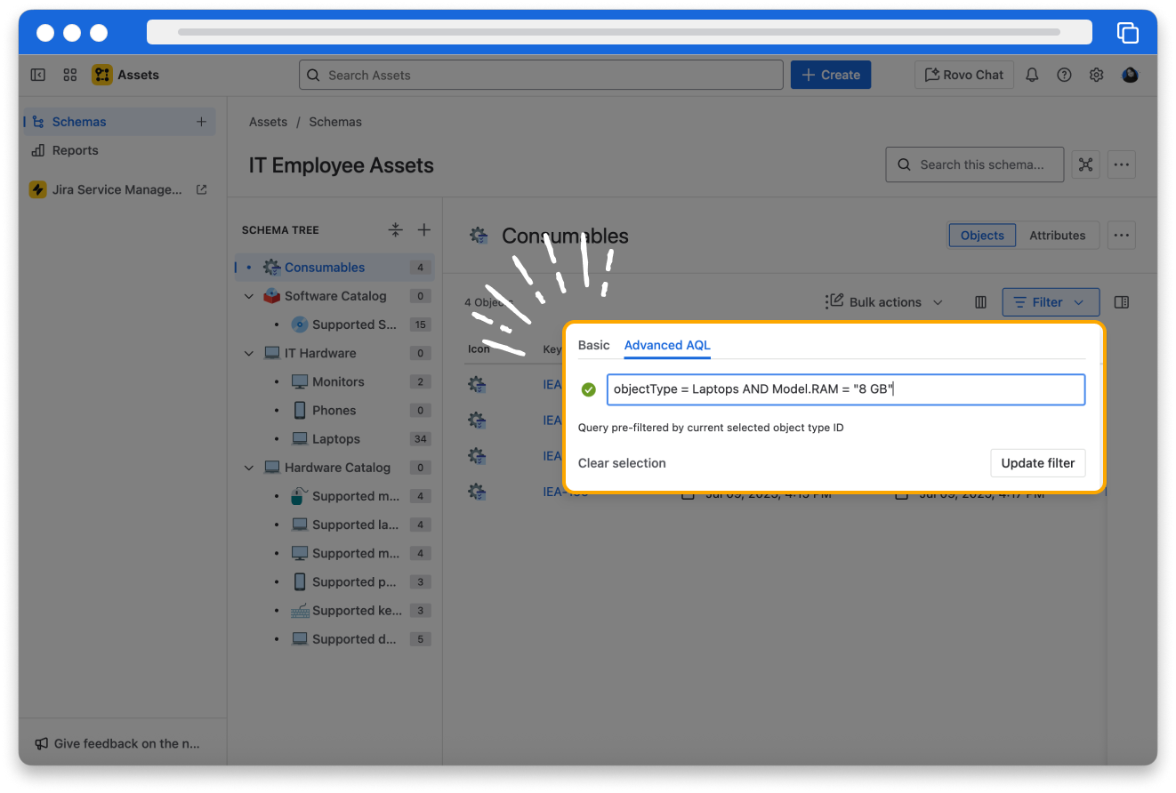A screenshot of an advanced aql query highlighted that will find all Laptops that have a Model with 8 GB RAM.