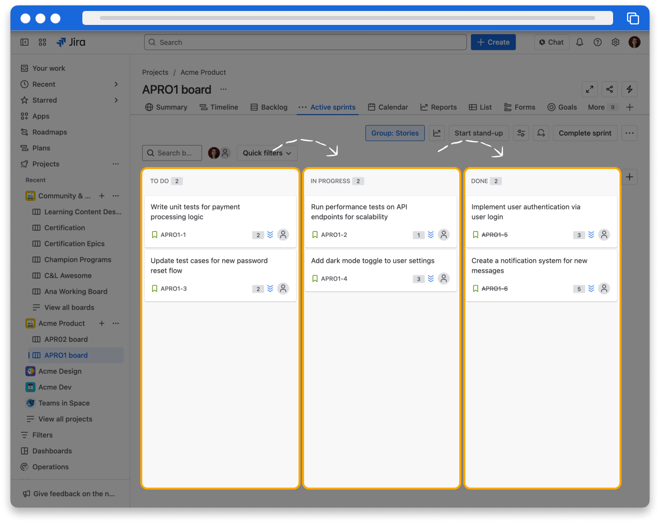 The Jira interface. The page has the active sprints board open, and the columns "To Do", "In Progress" and "Done" are highlighted.