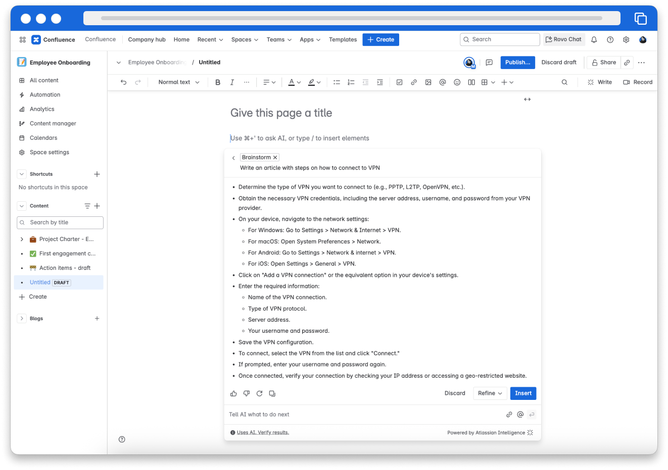 A new, untitled Confluence page. The Brainstorm AI feature has been selected with the prompt to write an article with steps on how to connect to a VPN has been given. A generated list of VPN connection steps is generated.