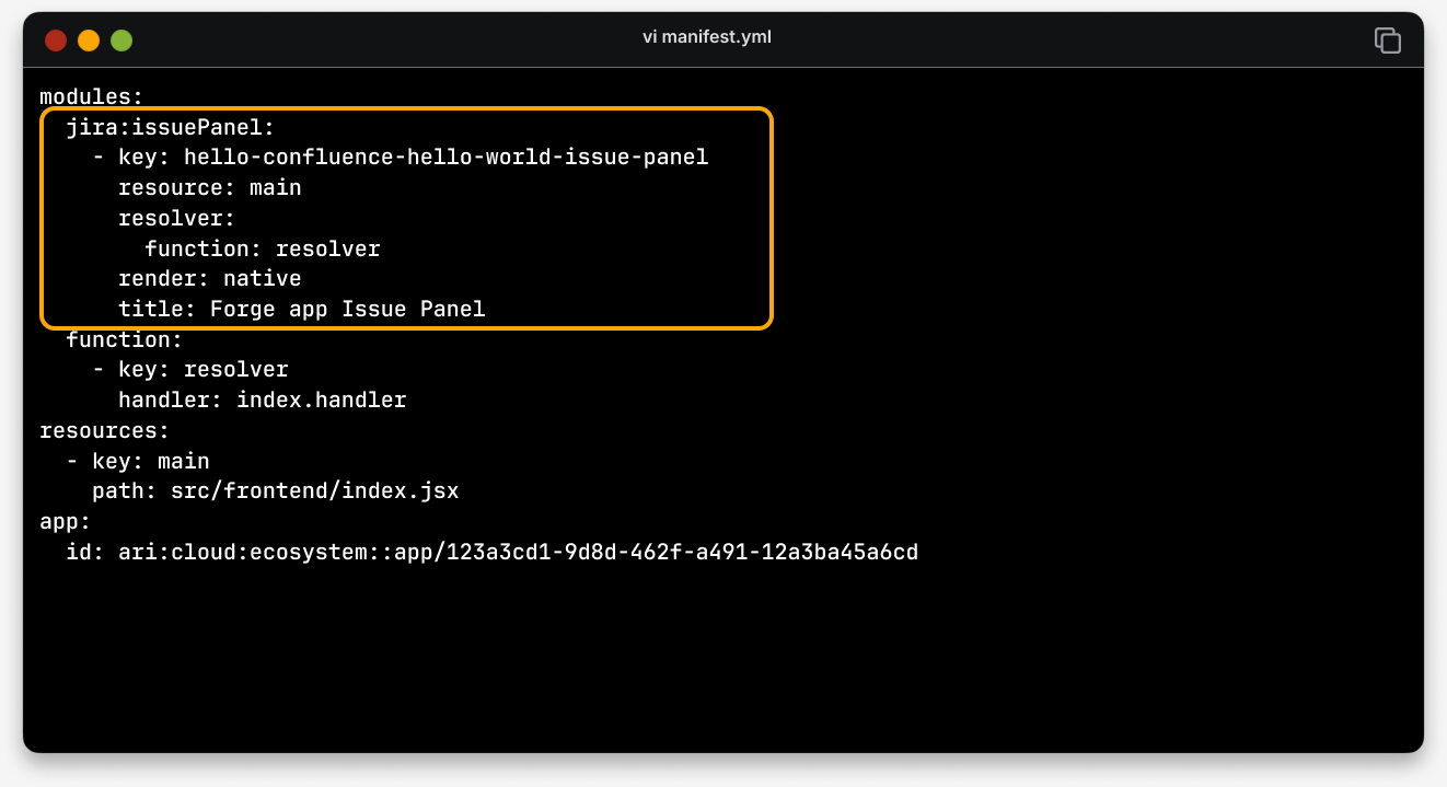 Screenshot of CLI viewing manifest.yml file with the code needed to display a Jira issue panel.