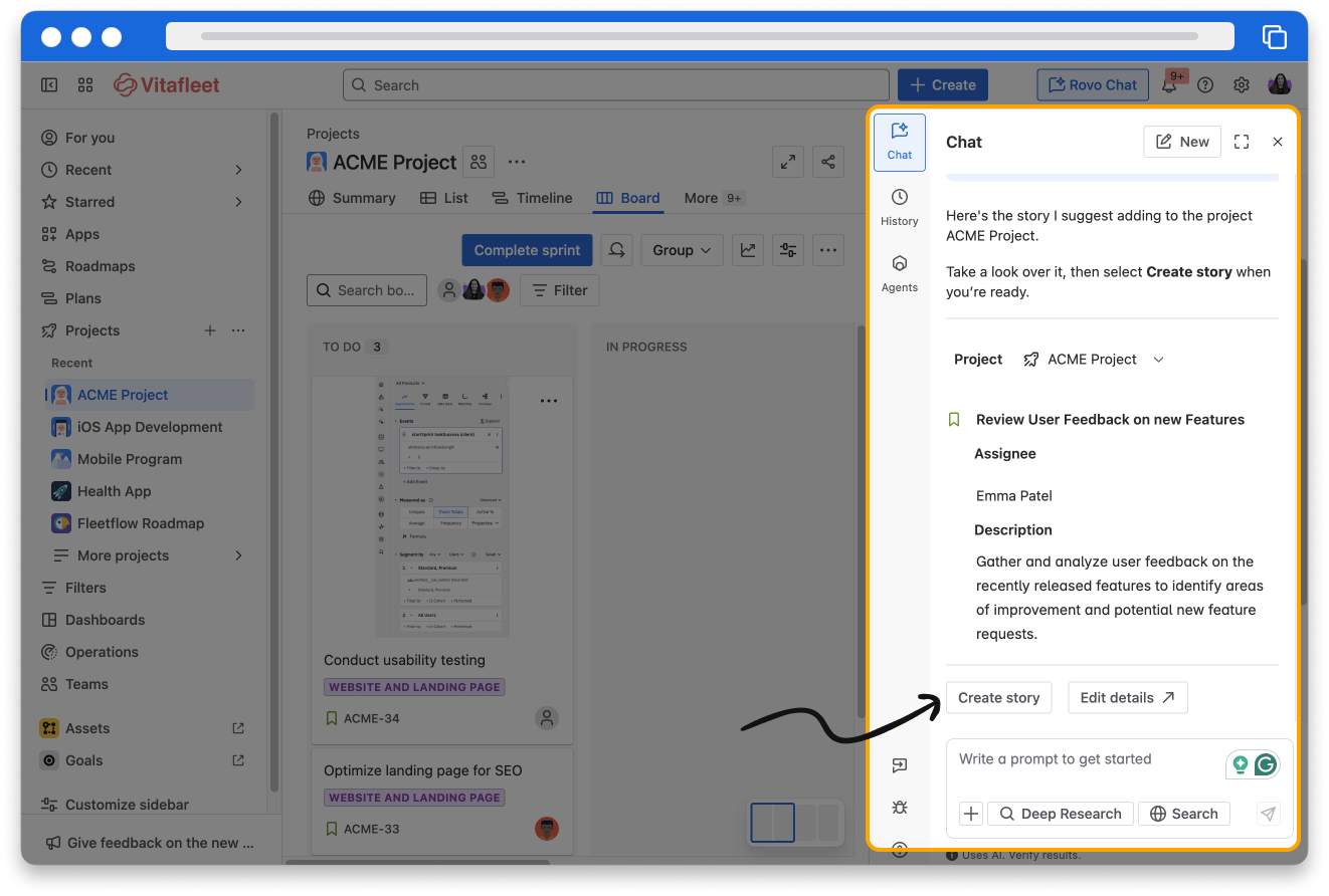 ACME project in the Vitafleet site. The Rovo Chat panel is open on the left with a response to a story work item being requested, with details of the Story. An arrow gestures to the 'Create story' button after Rovo's response.