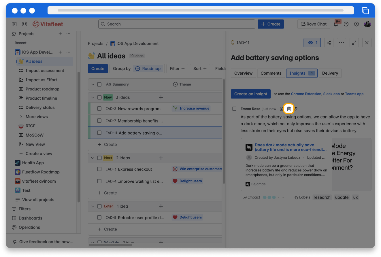 The All ideas view in the iOS App Development project is displayed with the ideas panel on the right side of the screen, open on the Insights tab. The delete button, represented by a trash can, is highlighted on the insight.
