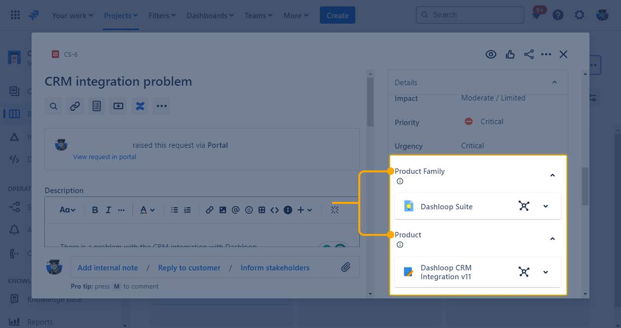 A Jira ticket. On the right side of the ticket, the Product Family and Product are highlighted. These are Assets objects.