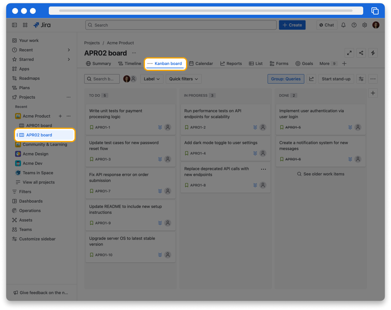 An animation of a user moving cards between then "To Do", "In Progress" and "Complete" columns of a kanban board