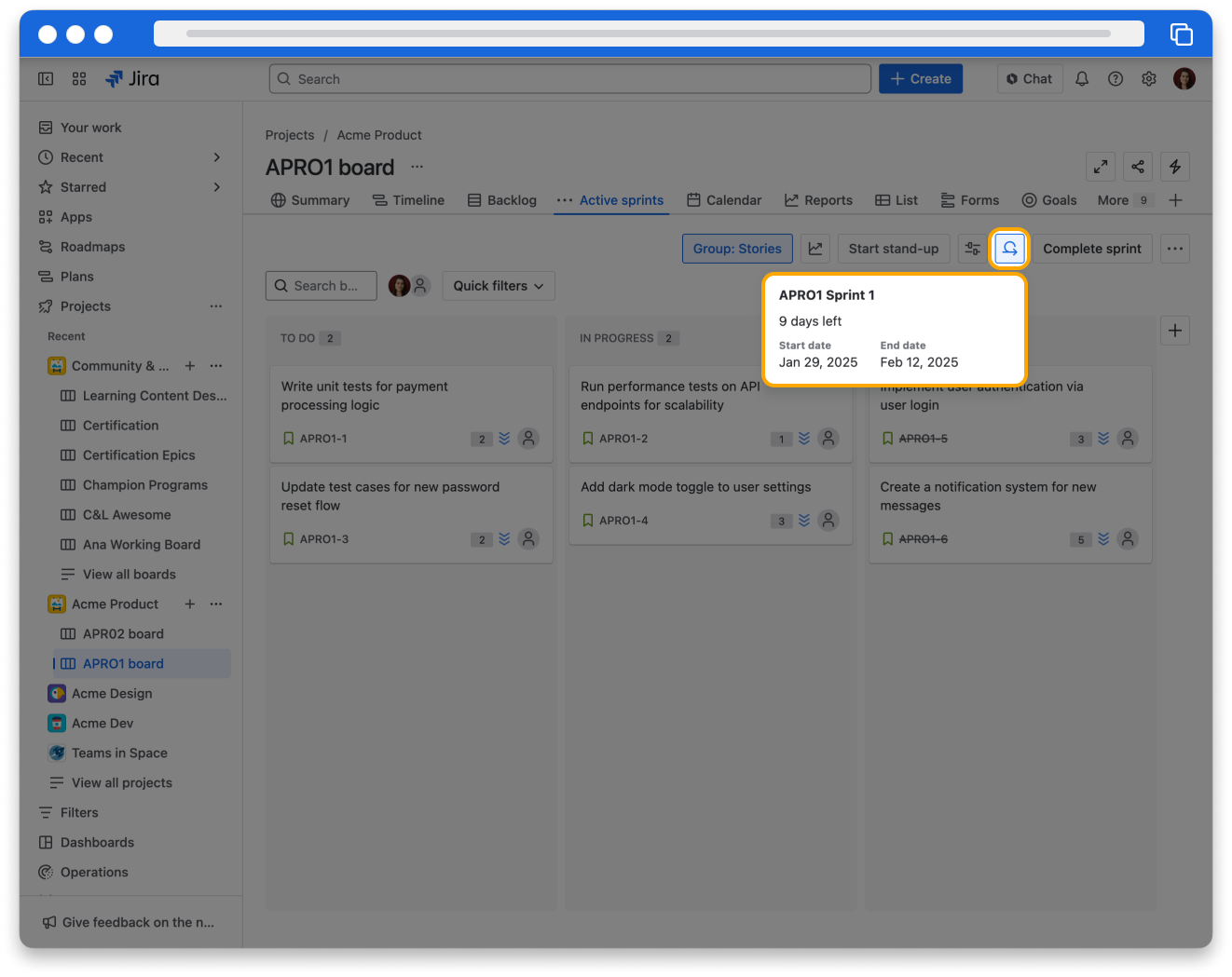 The Jira interface. The Sprint detail button is highlighted on the sprint page to show there are 9 days left in the current sprint.