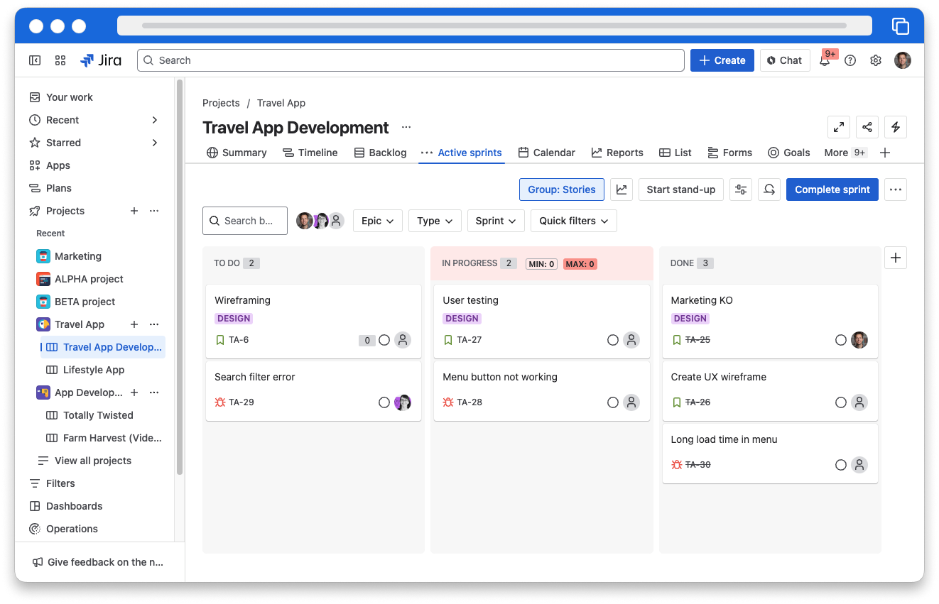 A Jira sprint board shows work items in columns labeled to-do, in progress, and done.