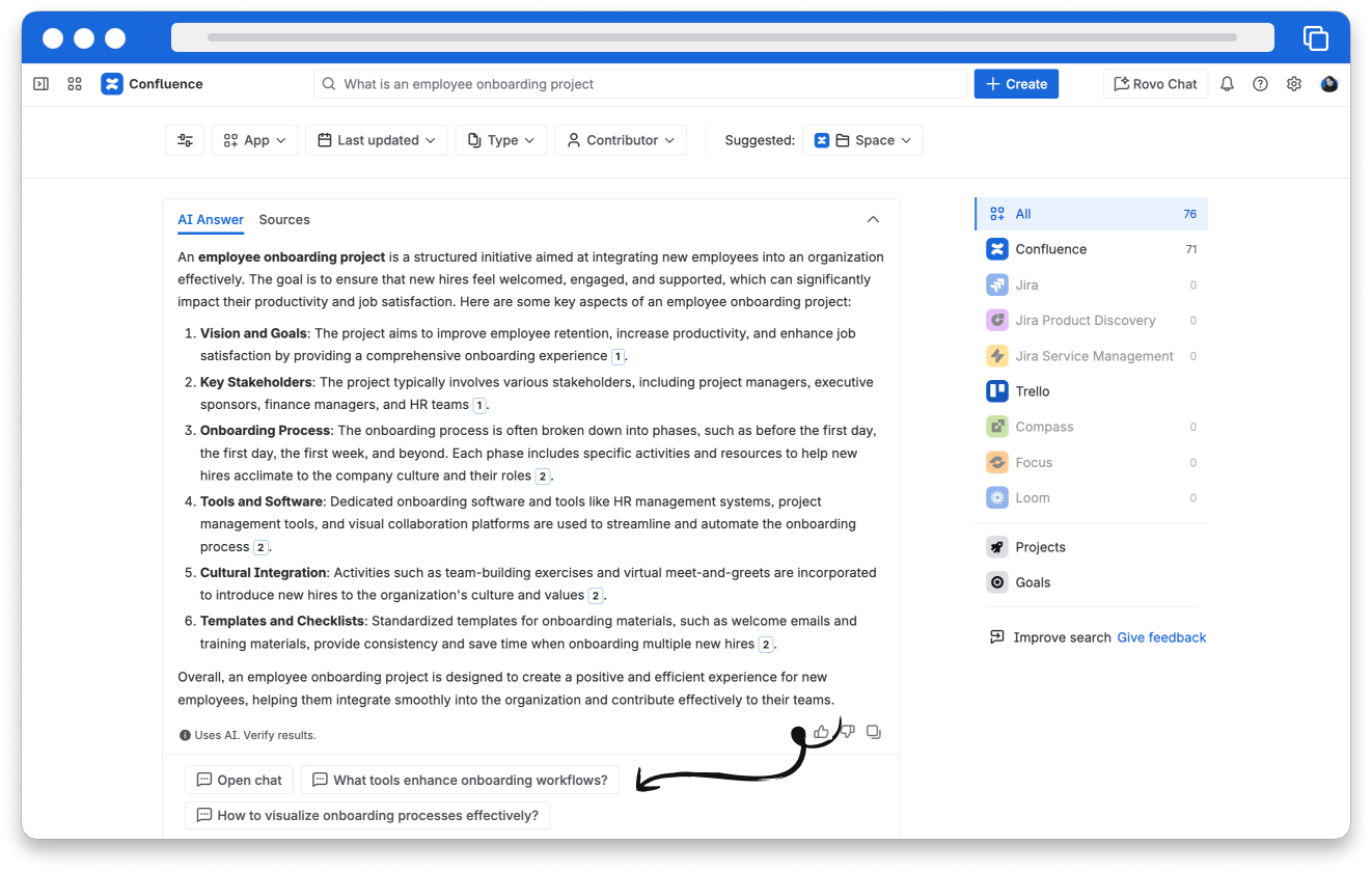 A Rovo search result includes suggested follow-up questions to help dive deeper on a topic.