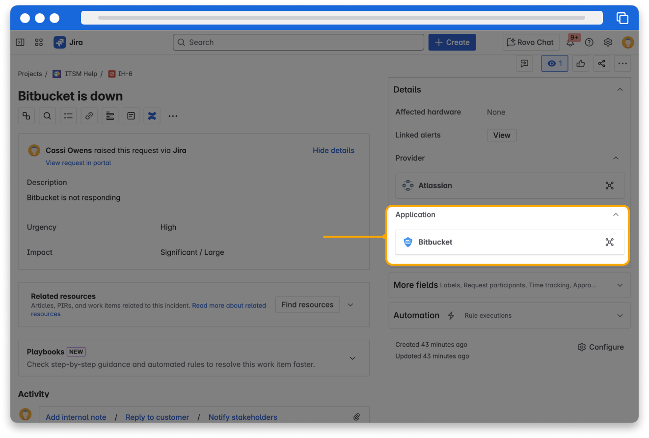A Jira work item. The Application assets field on the right side is highlighted.