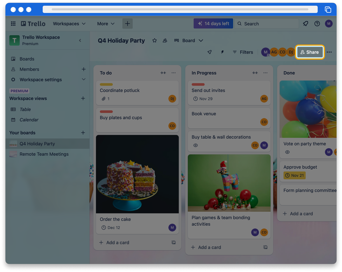 A Trello board titled Q4 Holiday party. The board’s Share button is highlighted at the top right of the board.