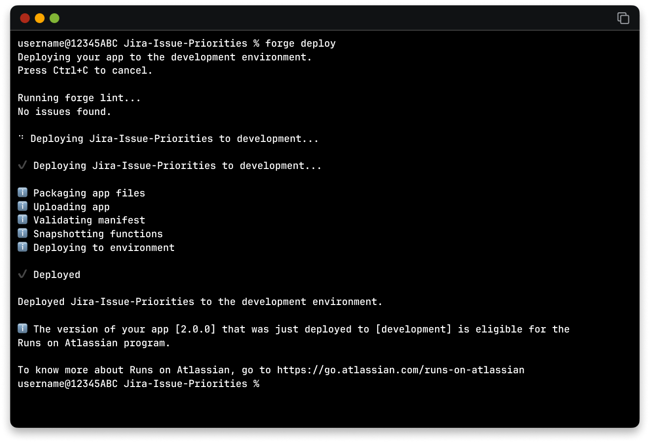 A screenshot of the forge deploy command.