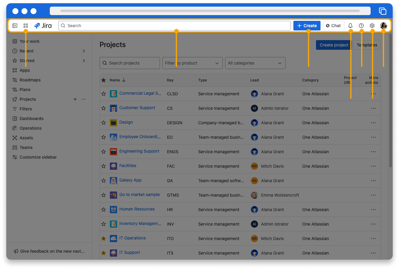 highlighted graphic showing the functionality of the top navigation bar in Jira.