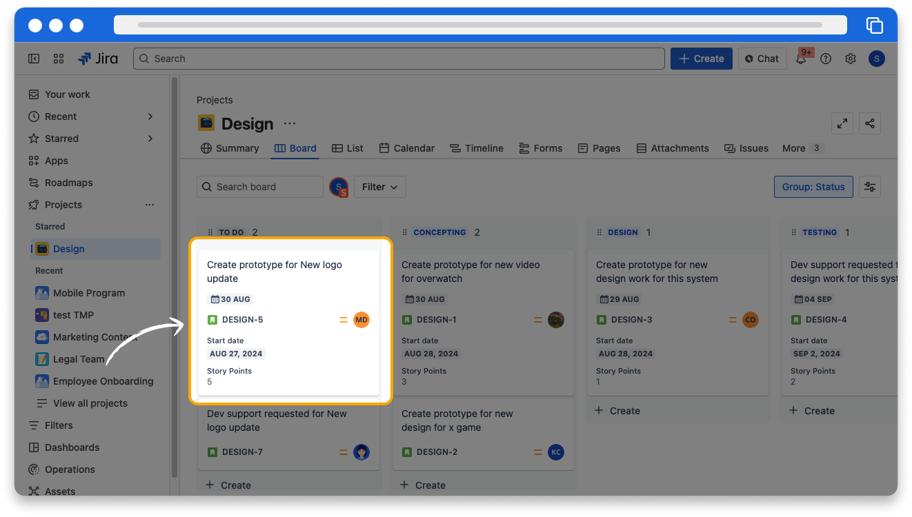 Screenshot of a board in Jira highlighting a card with due date, start date, story points, issue type, and issue key visible on the card.