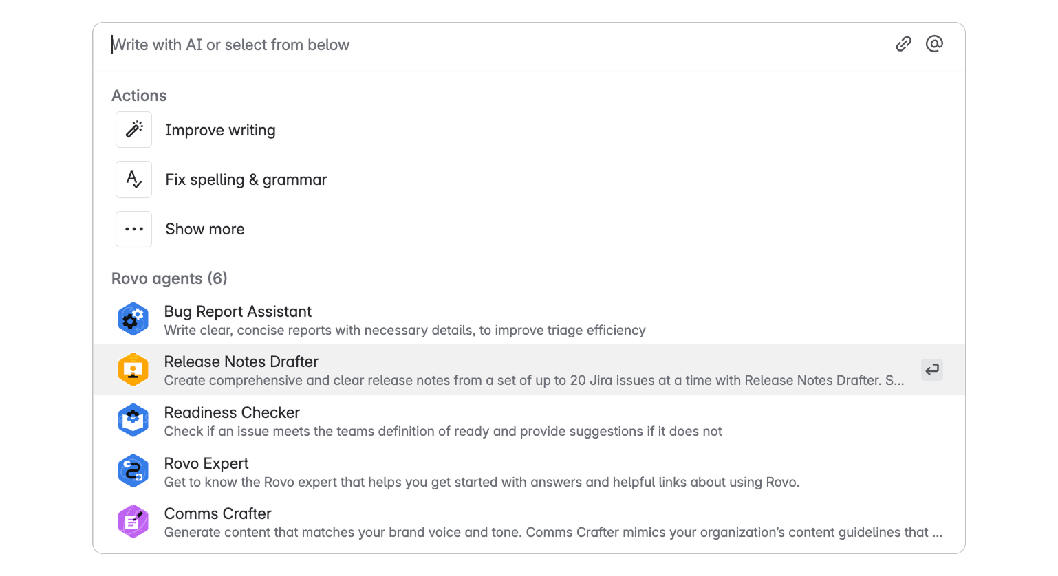 Release notes drafter in Rovo dropdown