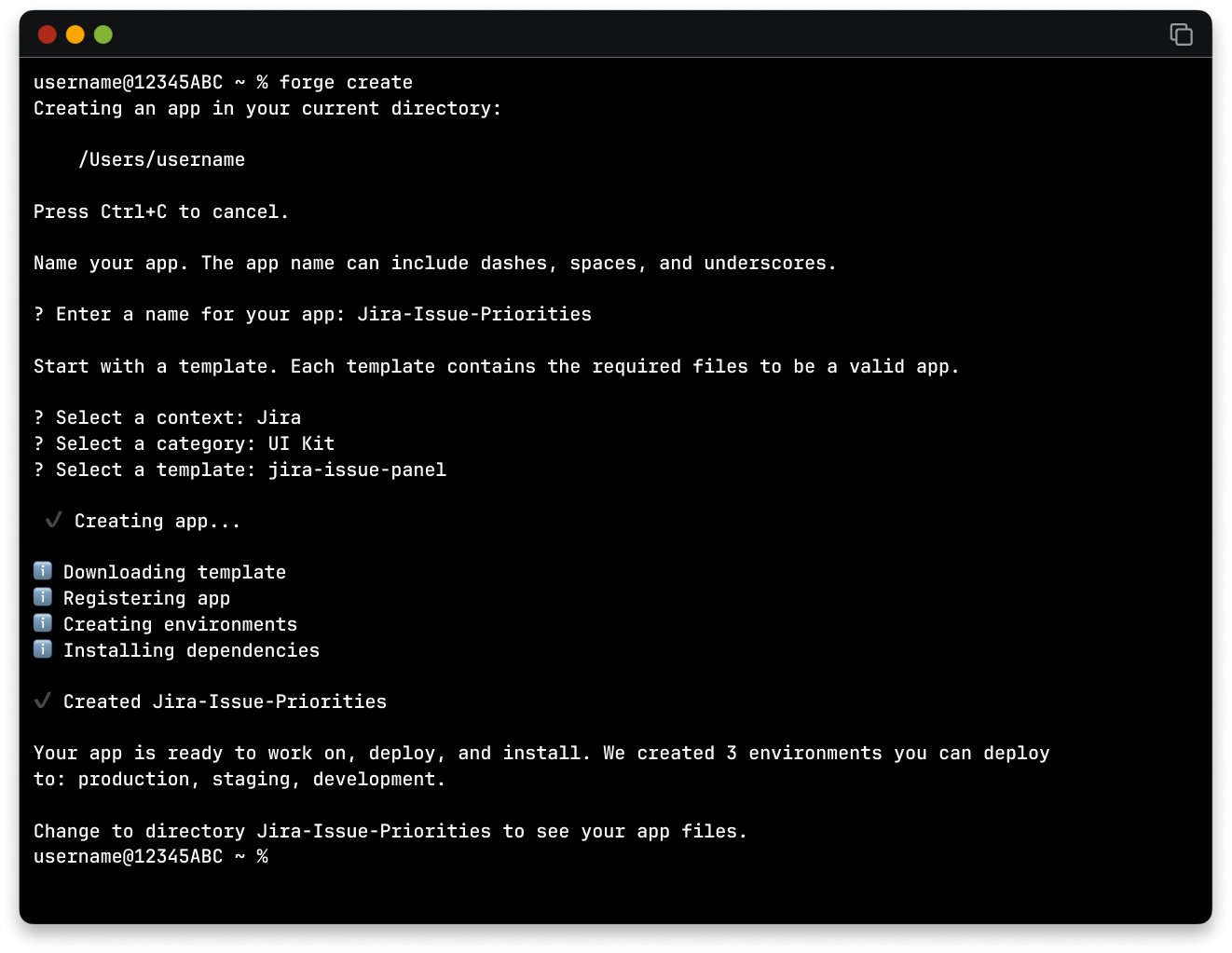 A screenshot of the finished forge create command.