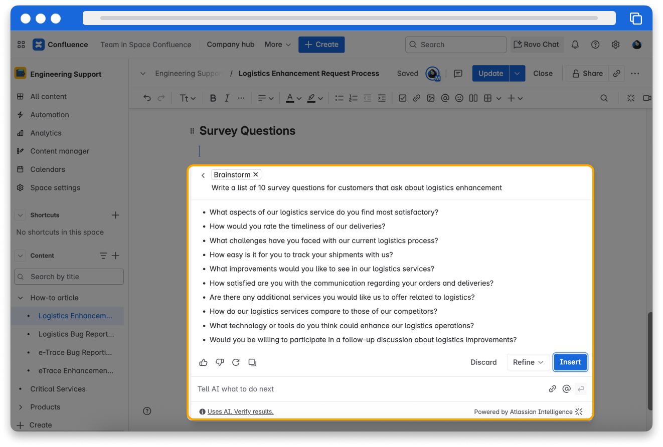View example of the brainstorm prompt to generate customer survey questions on a topic on a Confluence page