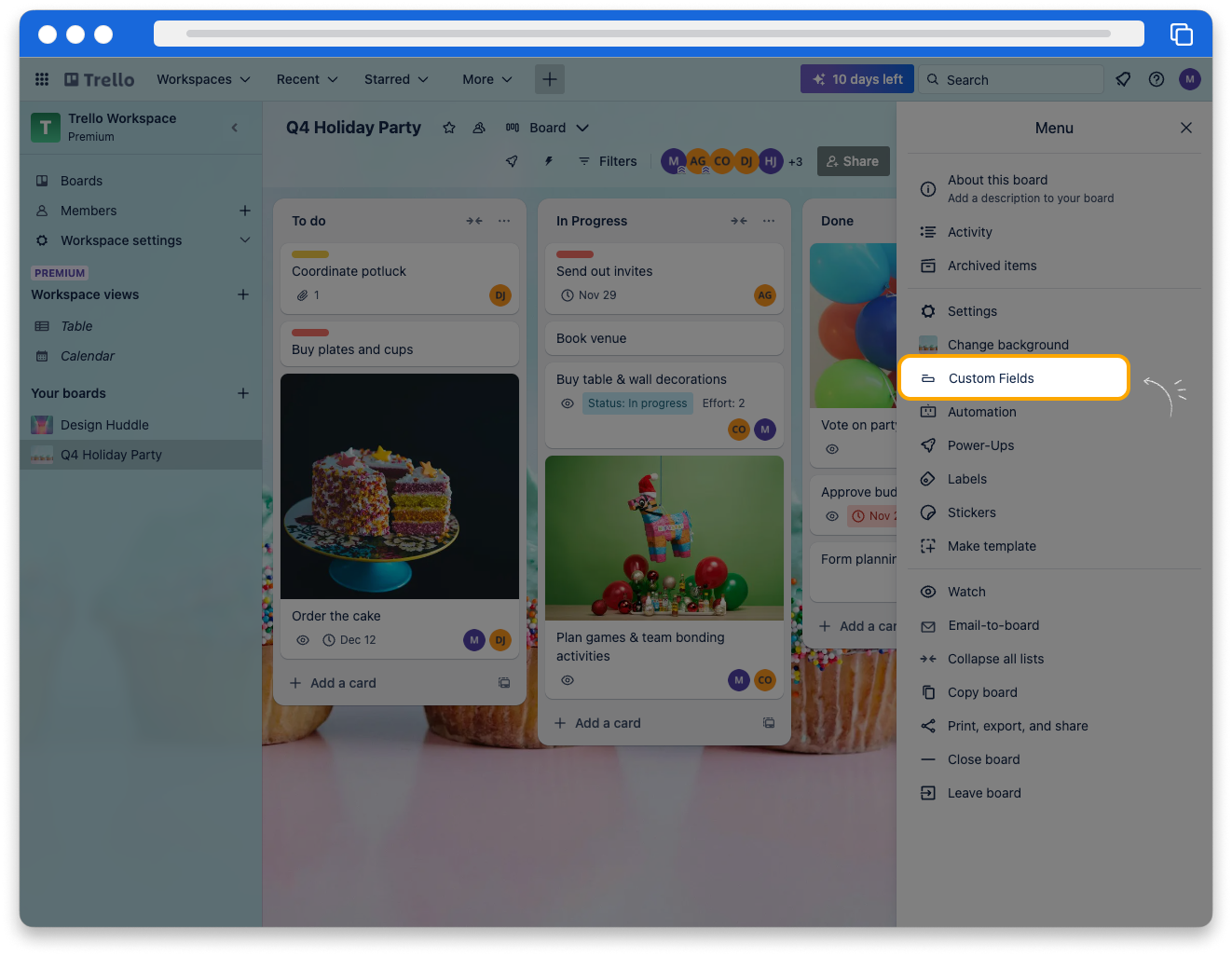A screenshot of the Trello board menu. The option for Custom Fields is highlighted.