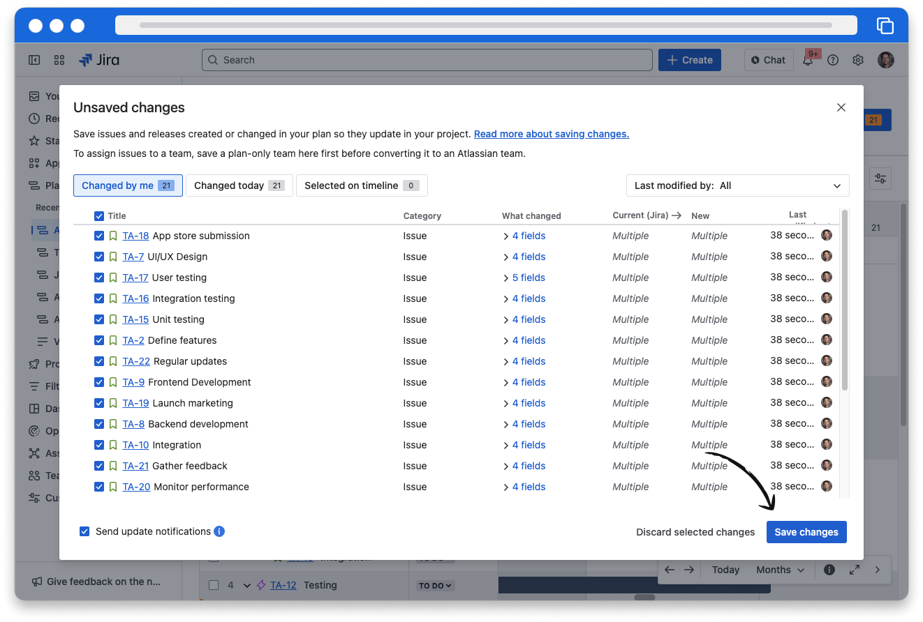 A Jira plan page shows the changes suggested by the autoscheduler and the changes made by the user. An arrow points to the Save Changes button at the bottom of the page.