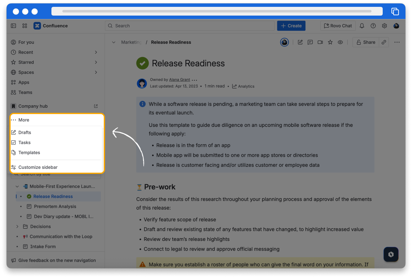 A screenshot of Confluence showing the Drafts section of the dropdown visible