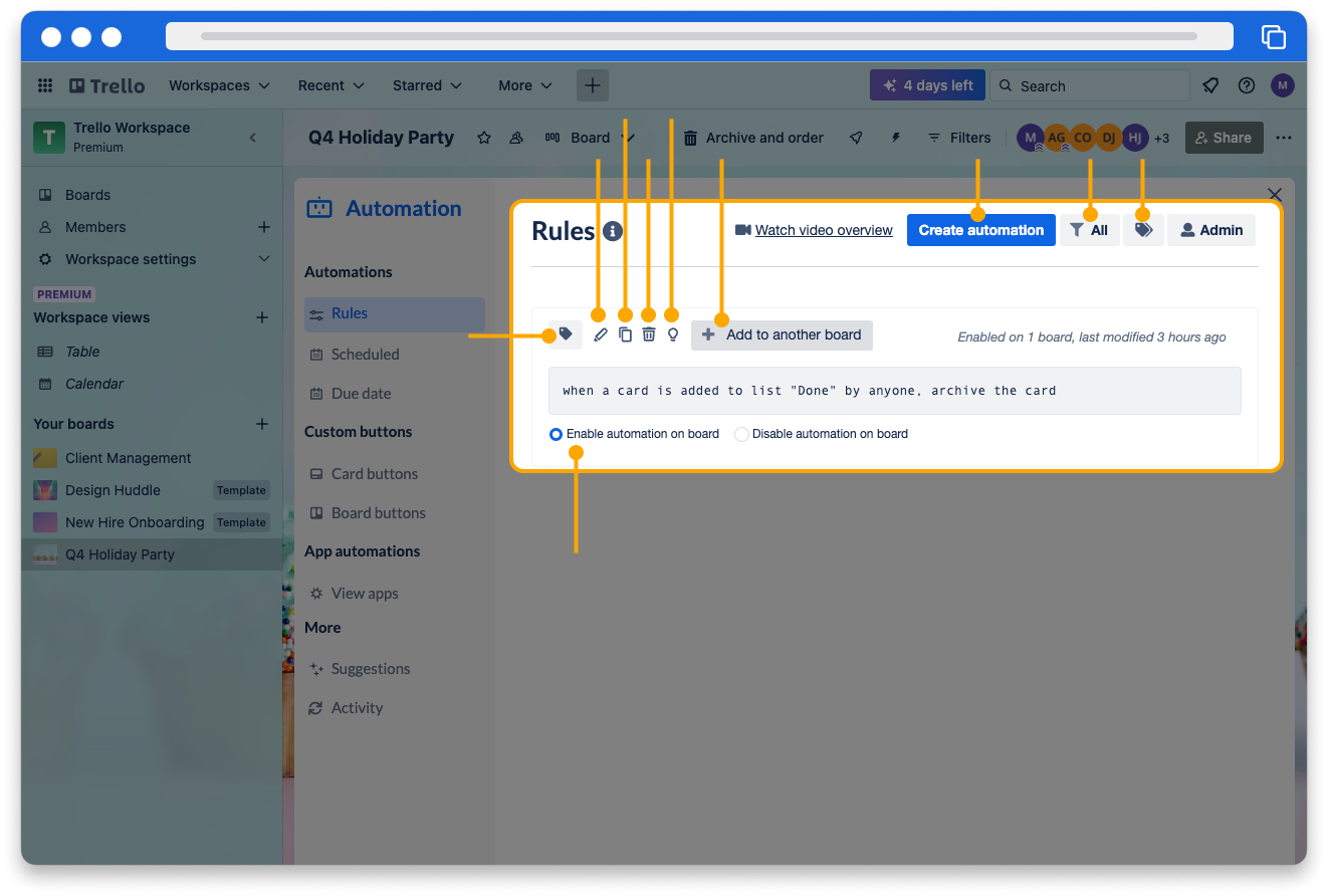 A labeled graphic showing the different options when creating and managing an automation rule.