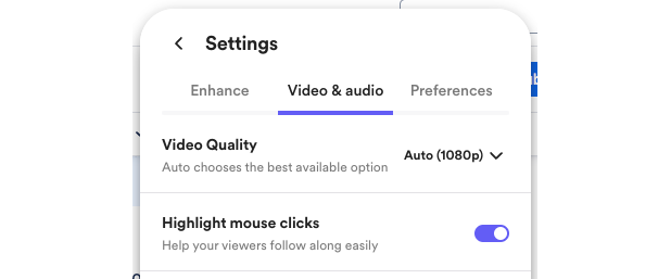 Loom settings menu is open in the Audio and Video tab. The highlight mouse clicks feature is toggled on.
