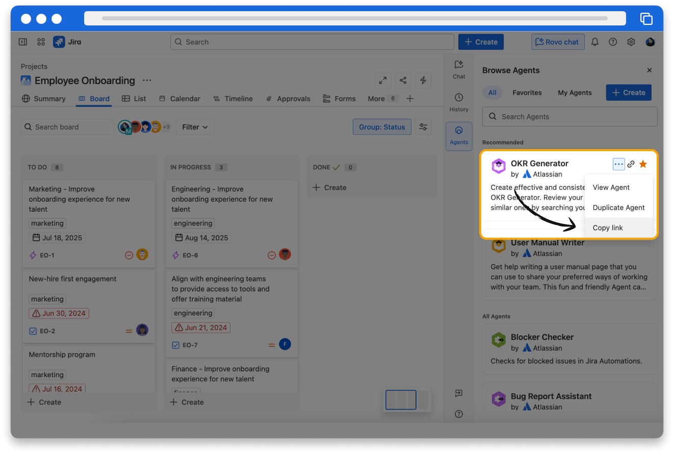 Screenshot of the Browse Agents window with the More actions menu open for an agent and Copy link highlighted