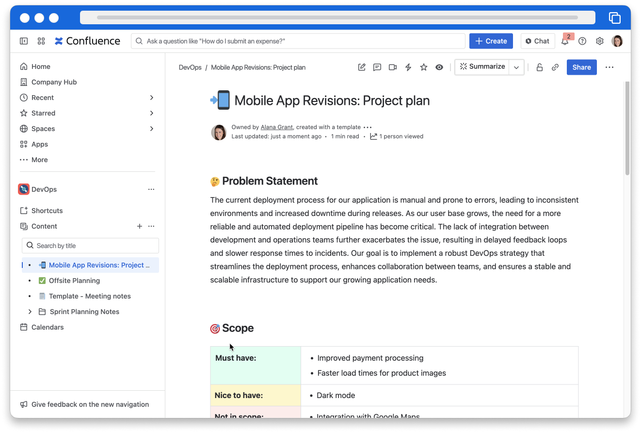 A Confluence screenshot show a document and a content tree with related documentation.