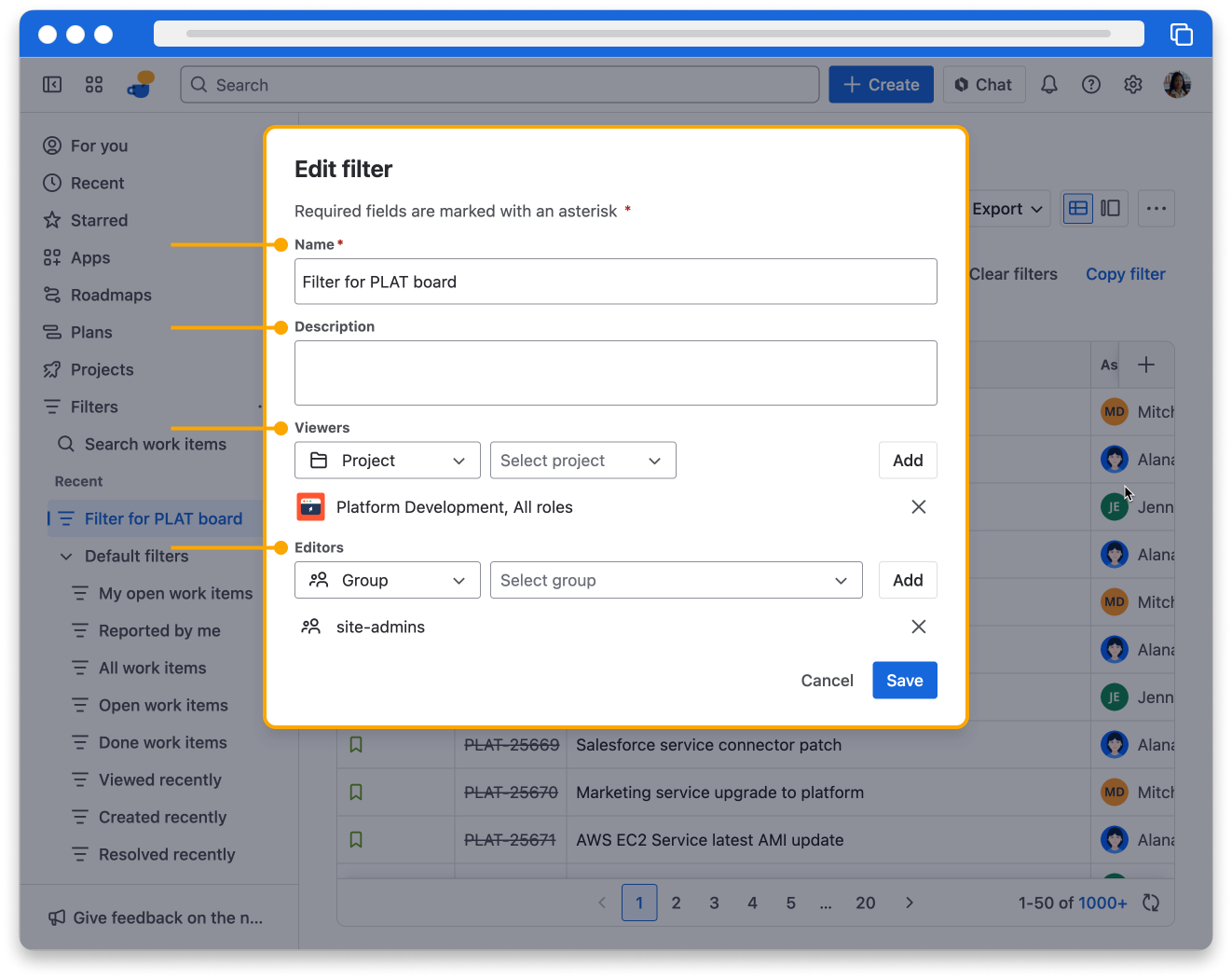 Labeled graphic showing 4 different fields in the "Edit Filter" modal. 1. Name 2. Description 3. Viewers and 4. Editors