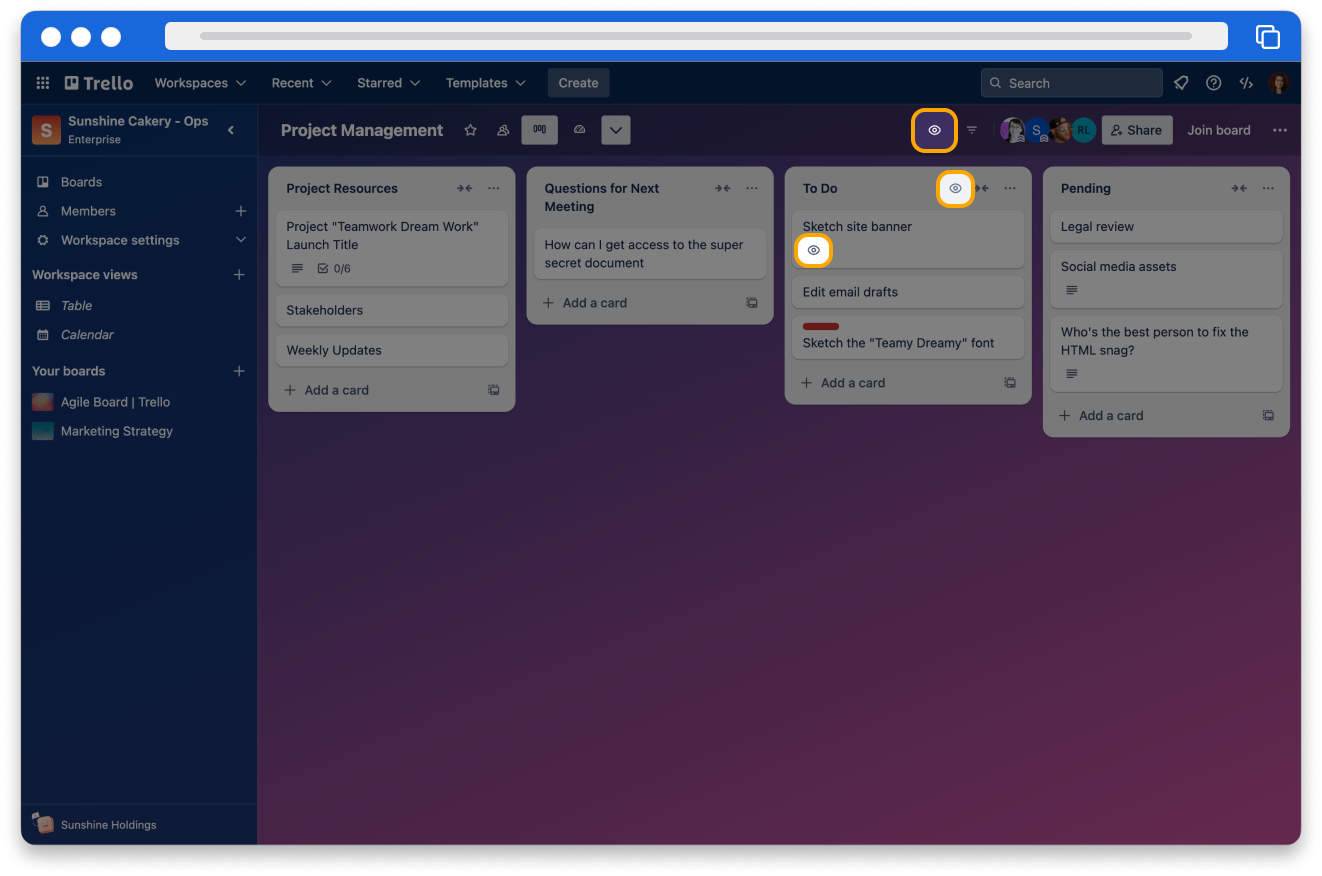 The Trello board interface showing eyeball icon watch indicators on the item, card and board.