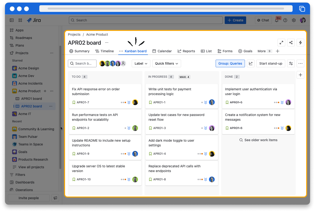 Screenshot of a Jira kanban board. The center of the board and the Kanban link in the top navigation are highlighted.