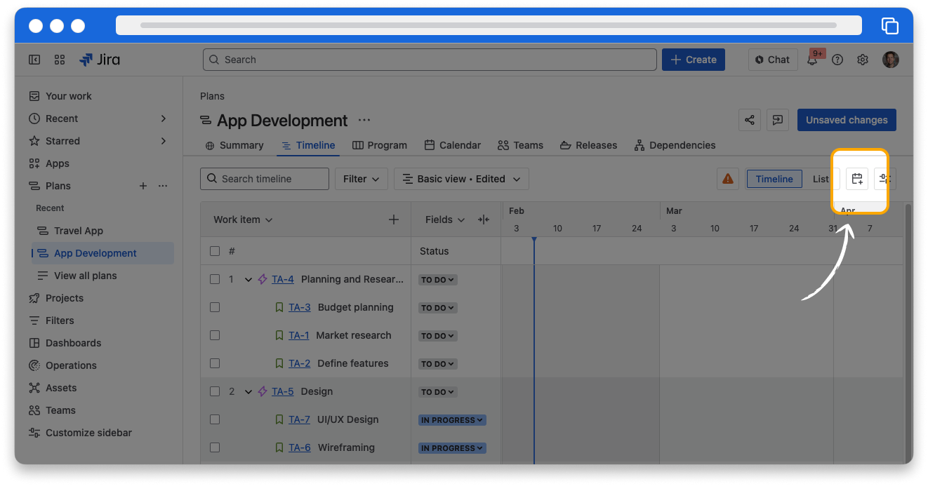 A Jira plan for an app development project highlighting the calendar button used to automatically schedule work in Jira.