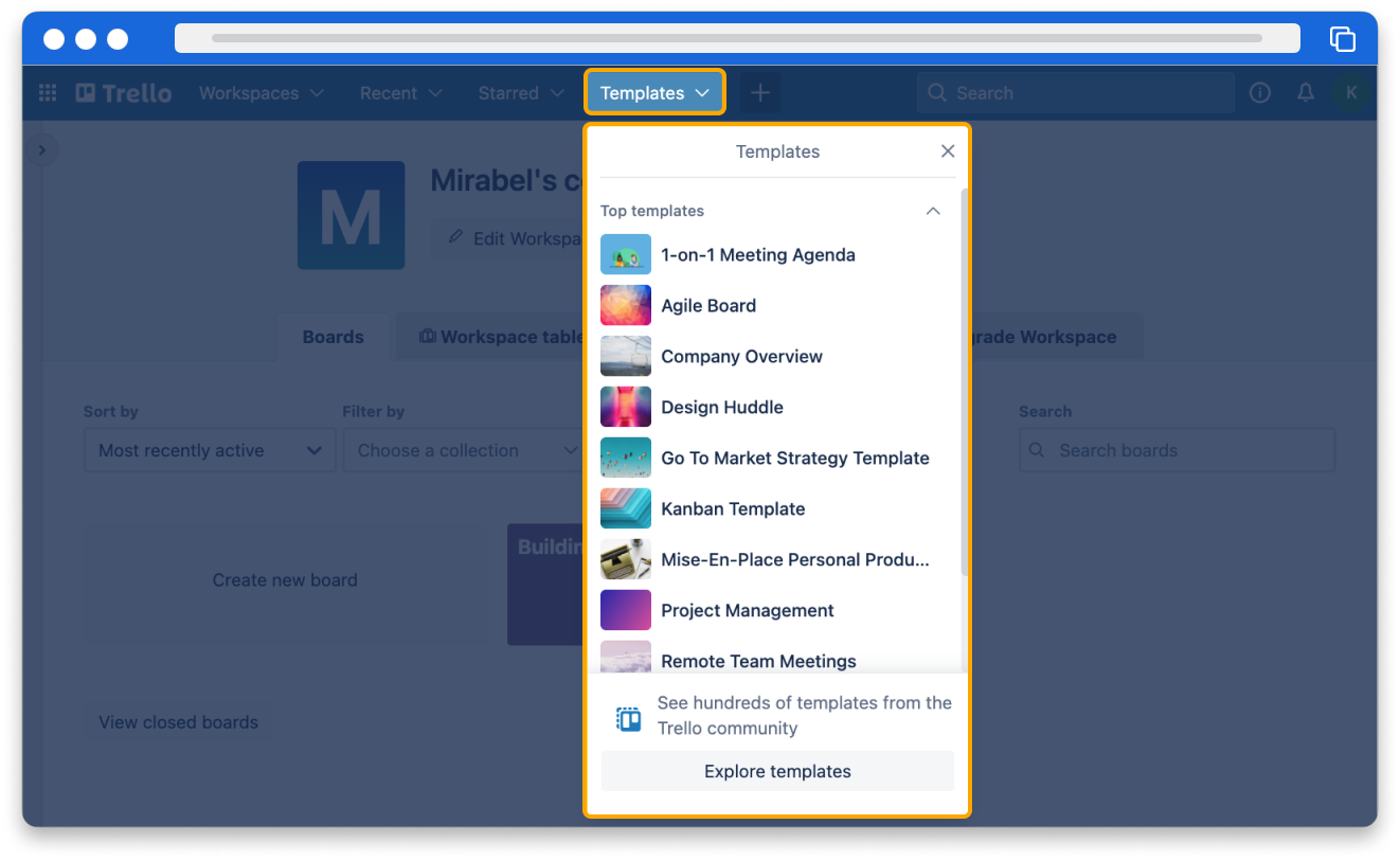 a screenshot of the Trello interface, with the "Templates" dropdown selected showing a menu of "Top templates" suggested for use 