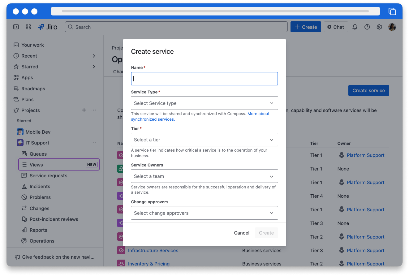 The Create service screen in Jira Service Management. The page includes Name, Service Type, Tier, Service Owners, Change approvers and Responders.