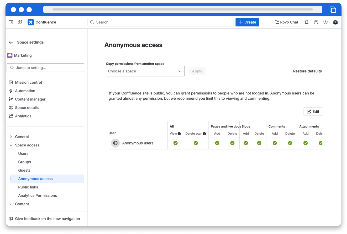 a screenshot of the anonymous access page under the space access settings