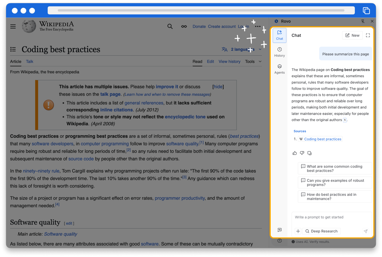 Screenshot of Rovo Chat showing the Chrome extension open on the Wikipedia page for Coding best practices. Rovo Chat was asked to summarize this page and provided a summary.