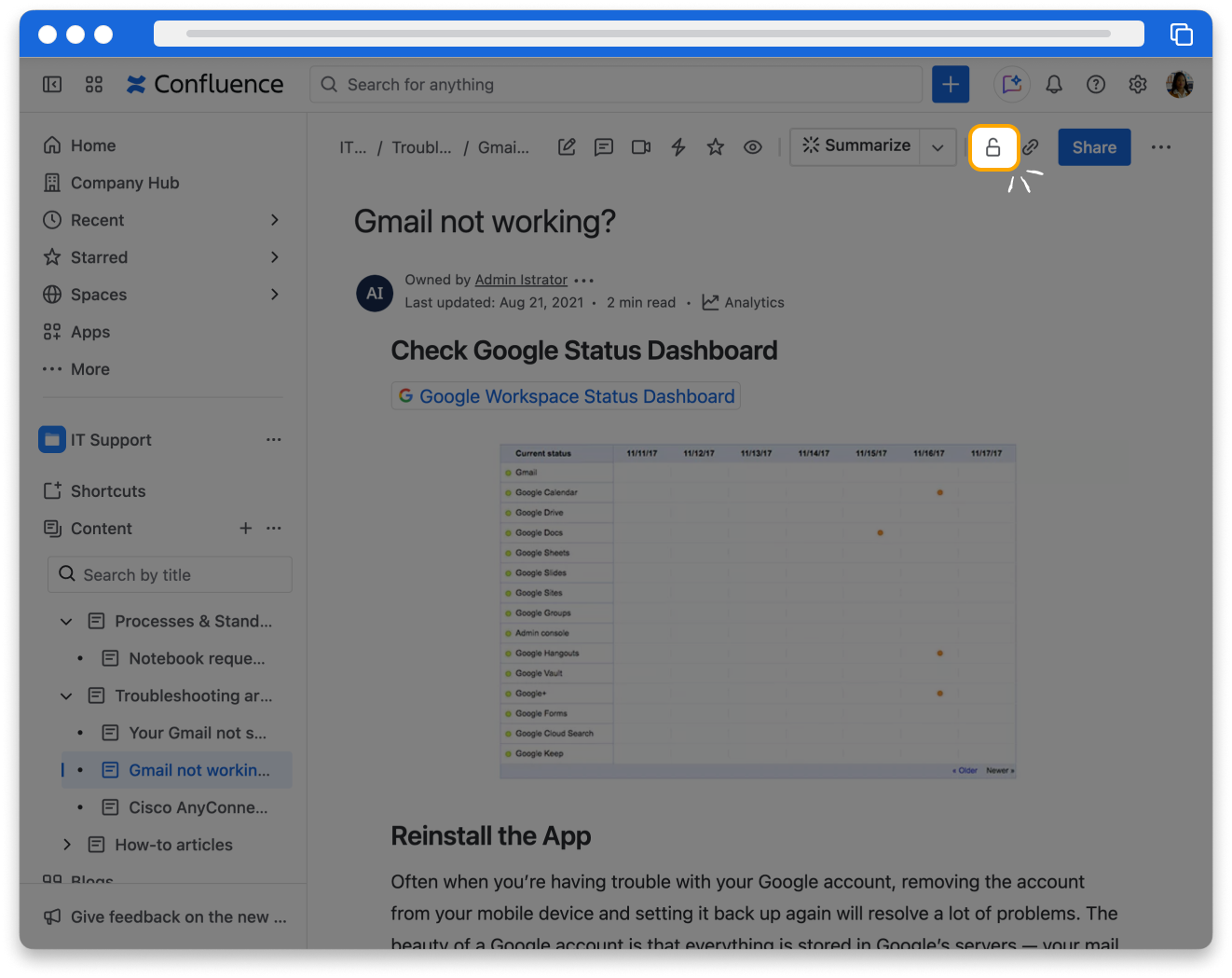 A screenshot of a confluence page with the lock icon highlighted at the top of the page