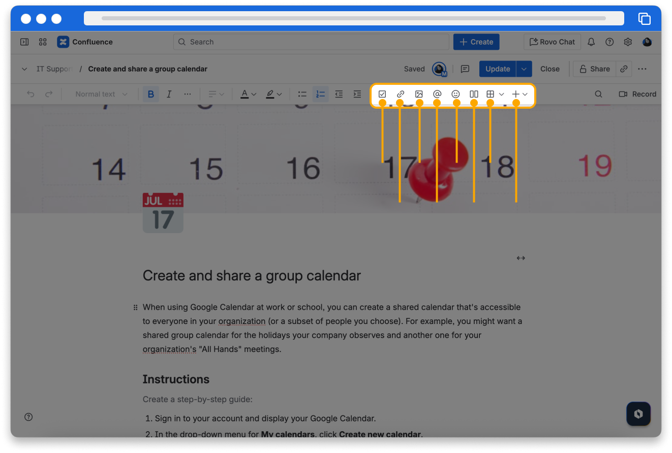 The additional formatting options in the toolbar in Confluence. There are icons for action items, links, multimedia, mentions, emojis, tables, and layouts.