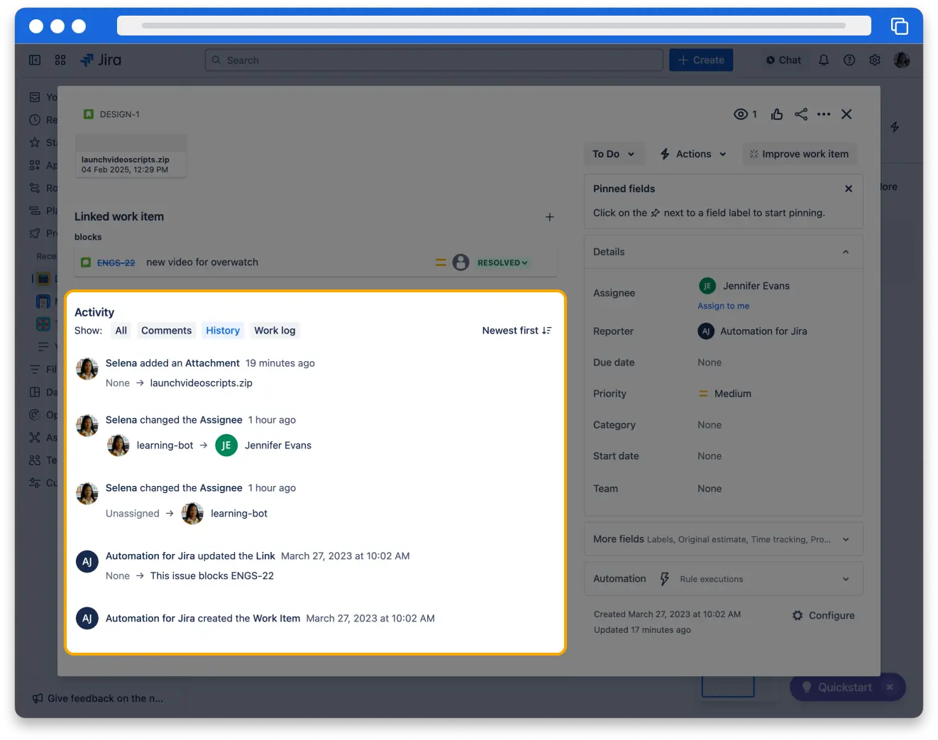 The work item detail view in Jira. The activity section is highlighted. There are several updates visible in this section.