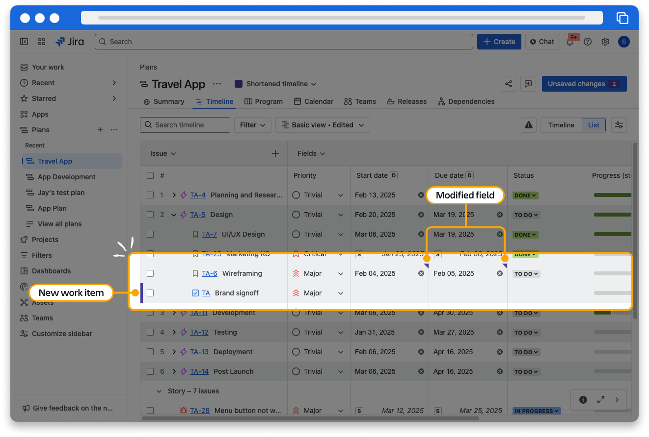 A Jira scenario displays a table of work items. Triangle markers are visible by two dates and and a rectangle appears next to a new work item to identify unsaved changes in a scenario.
