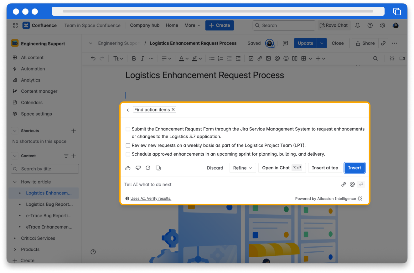 A list of action items generated by Atlassian Intelligence in a Confluence page.