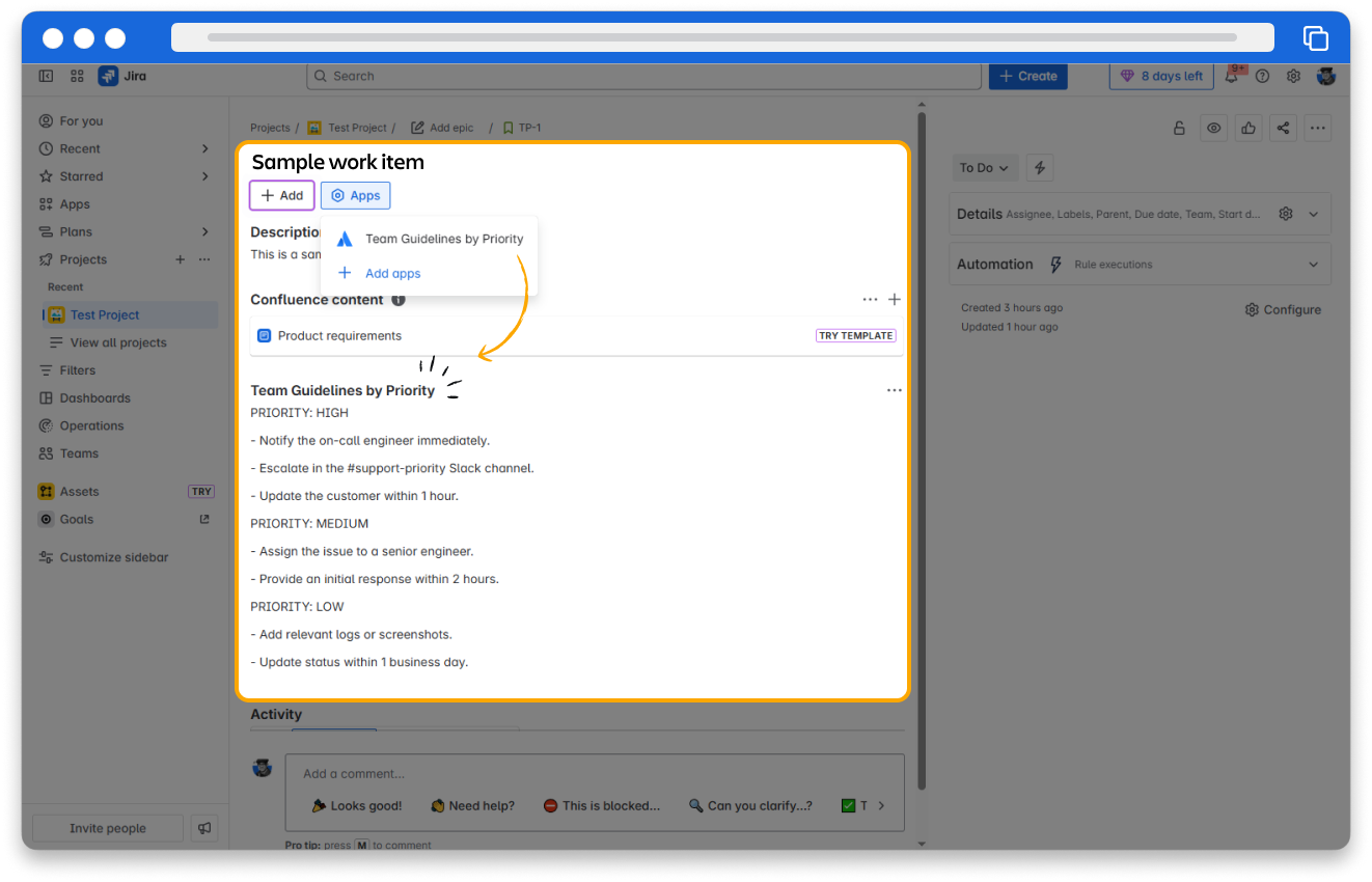 A screenshot displaying the Apps dropdown in a Jira work item. The forge app is showing in the dropdown as well as in the work item itself as a panel.