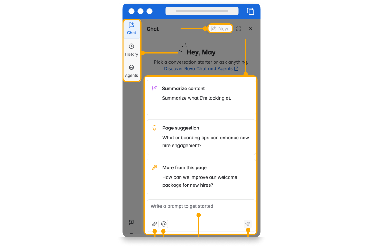 Screenshot of the Rovo Chat panel highlighting several UI components