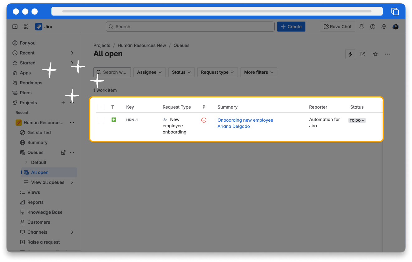 A screenshot of the work item created when a new employee has onboarded.