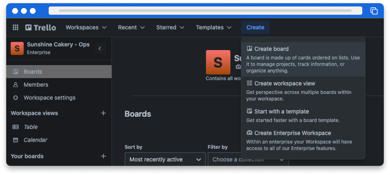 A Trello Workspace showing the create board popup menu.