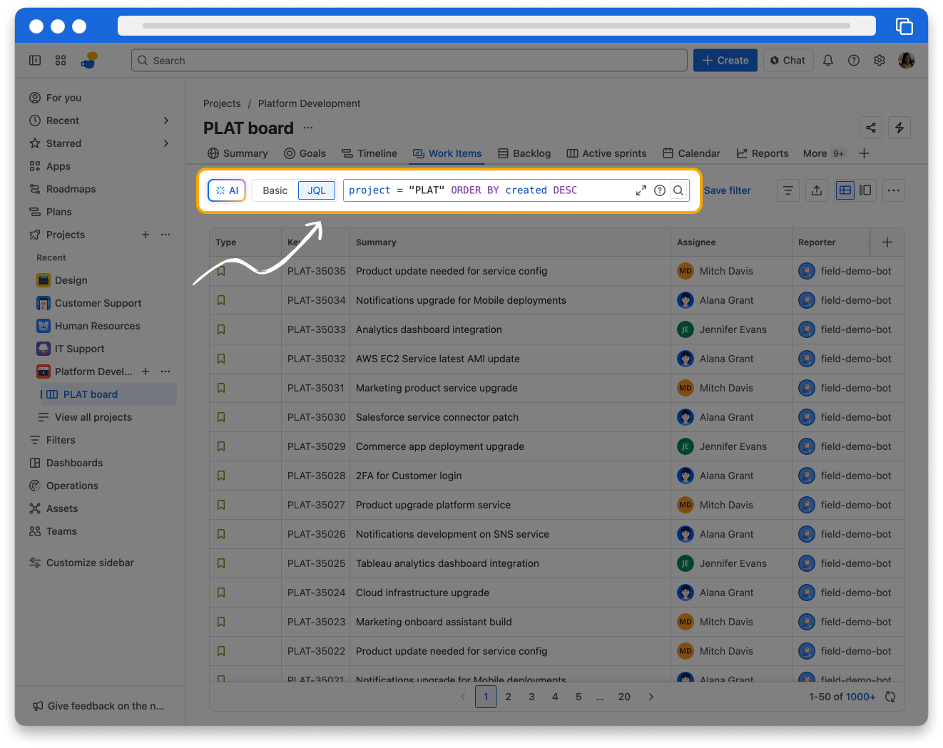 The Jira software interface. The JQL filter "project = "PLAT" ORDER BY created DESC" is highlighted to show how the filter is sorting the project's issues.