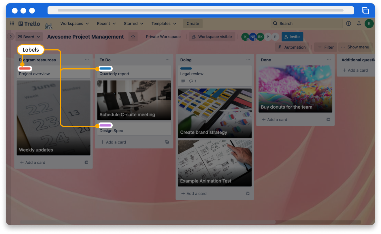 Screenshot of Trello highlighting the labels on Trello cards