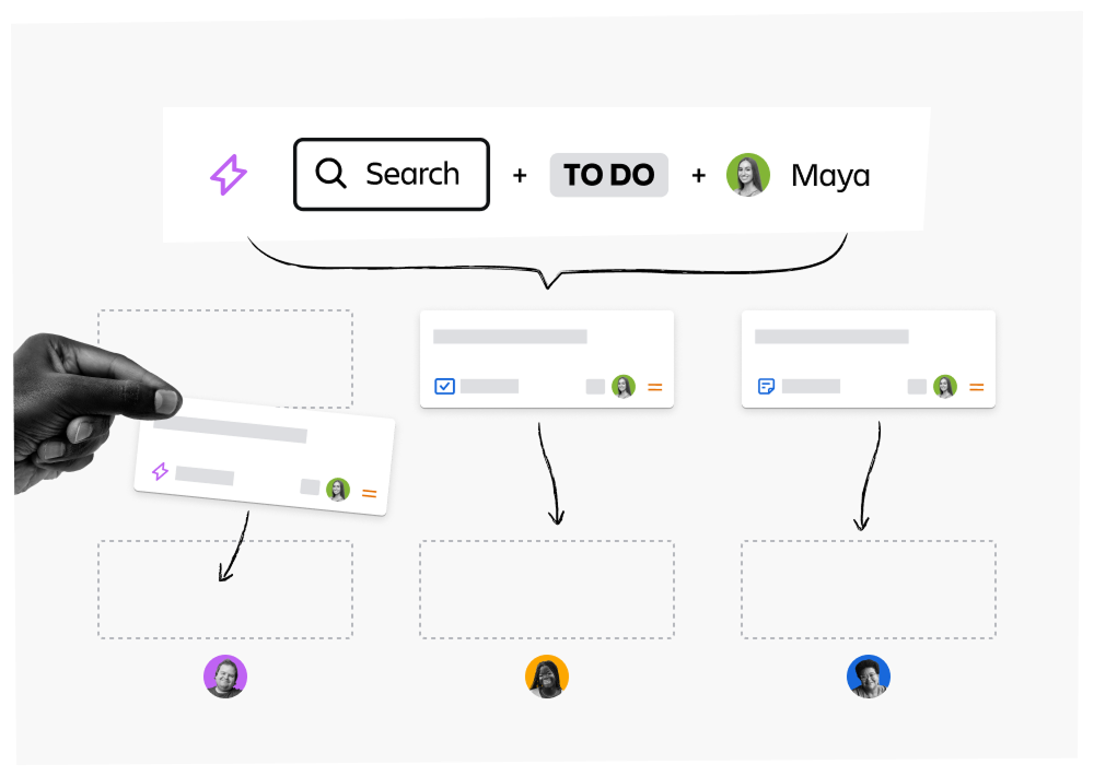 An image showing Maya feeling ill, and a search bar revealing all her "To DO" status work items that are to be re-assigned